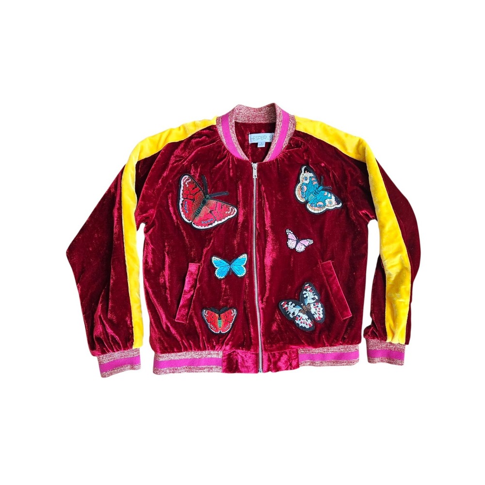 80s/90s/Y2k-style Velour Track Jacket Butterfly Fuscia Yellow Zip Sz S Hesperus‎